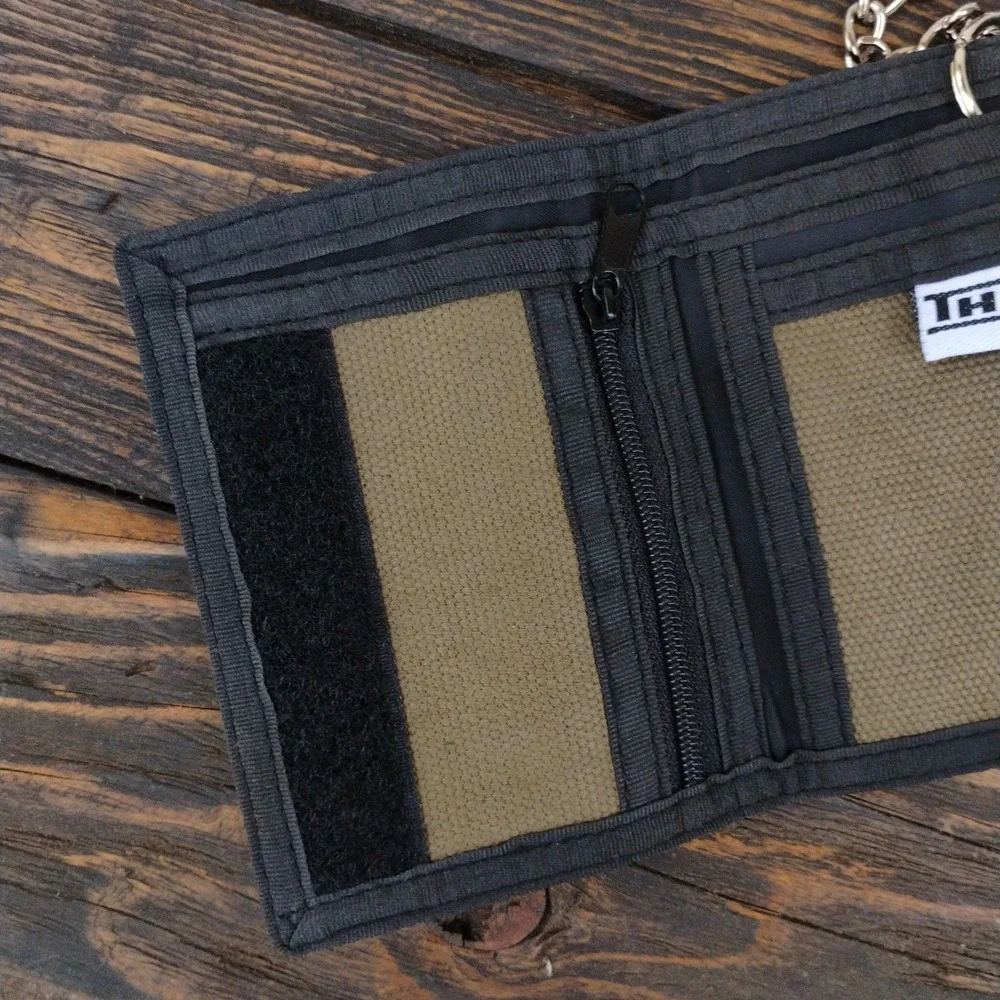THC Khaki HASH Hook and Loop Embroidered Fabric TriFold Wallet With Chain